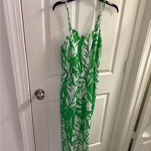 Lilly Pulitzer Green and White Leaf Print Maxi Jumpsuit